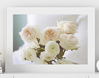 Modern Fine Art - White Ranunculus English Roses Home Decor Floral Photo Feminine Romantic Pretty Print Photography Nature Print Peach Tones