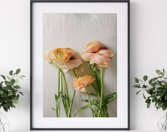 Still Life Photography, Ranunculus Flowers, Peach Flower Print, Flower Photography, Floral Wall Art, Orange Flowers Photo, Botanical Art