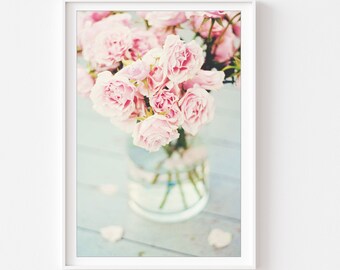 Still Life Photography - Pink Floral Nursery Decor Rose Bouquet Print Roses Still Life Photo Botanical Print English Roses Pink Nursery