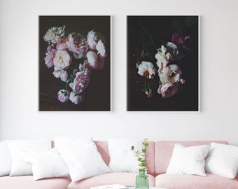 Photography Set, Dark Botanical Prints, Black Floral Wall Art, Photo Set of Two Prints, English Roses Fine Art Photography, English Roses