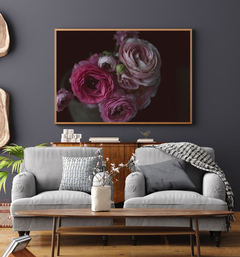 Still Life Photography, Ranunculus Flowers, Dark Floral Wall Art, Dark Botanical Print, Moody Floral Still Life, Rich Deep Tones Floral Art image 2