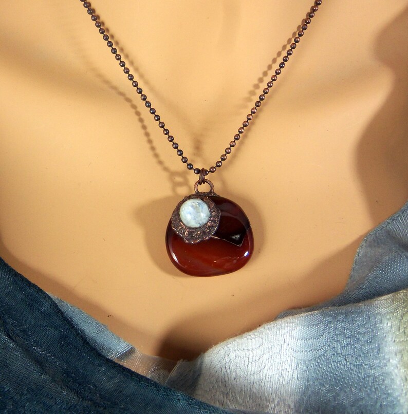 June Birthstone Gemstone Necklace Orange Electroformed Orange Agate Organic pendant Moonstone and Cooper Necklace Copper necklace