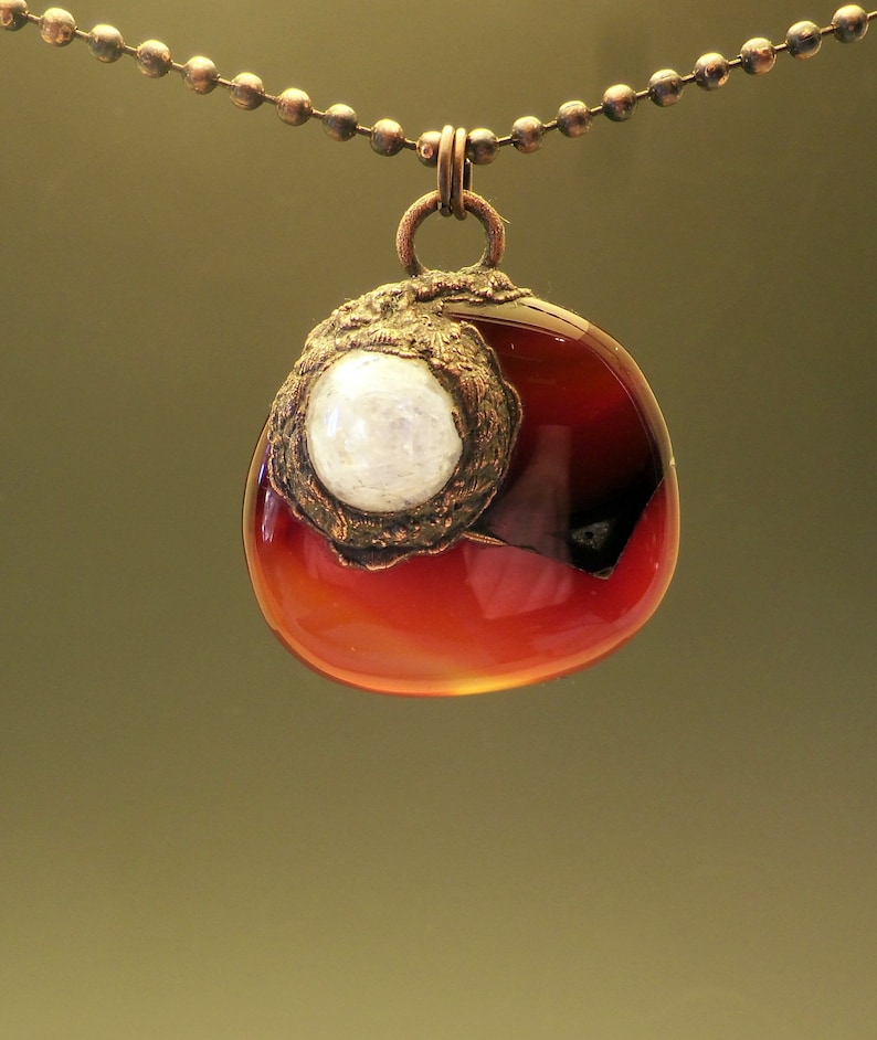 June Birthstone Gemstone Necklace Orange Electroformed Orange Agate Organic pendant Moonstone and Cooper Necklace Copper necklace