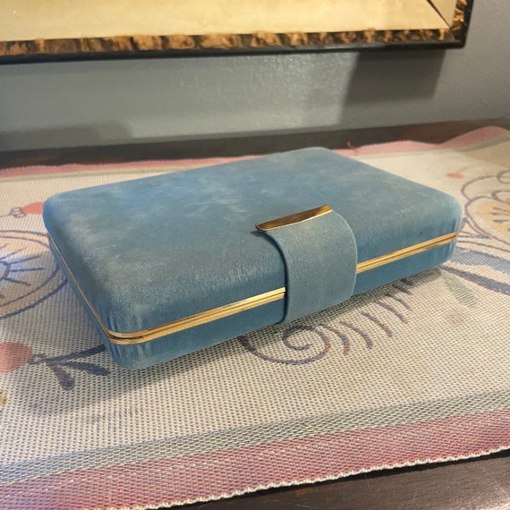 Vintage Sky Blue Satin Travel Jewelry Box 1950s