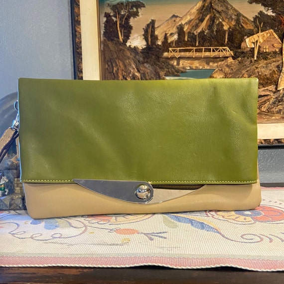 Olive Green and Beige 1980s Large Leather Clutch … - image 1