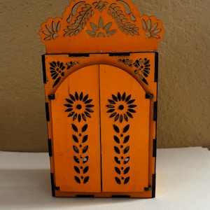 Mexican Folk Art Wooden Nicho Box – Handcrafted Altar Shrine with Floral Cutouts – Yellow and Red Mini Shadow Box