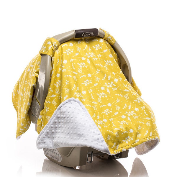 Girl Carseat Canopy, Car Seat Canopy, Carseat Cover, Baby Girl, Bright Yellow Flowers, Branches, Cream Minky, Spring Colors READY TO SHIP