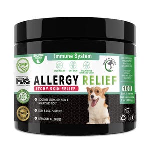 May include: A black plastic jar of allergy relief soft chews for dogs. The jar has a label with the words "Allergy Relief Itchy Skin Relief" and a picture of a dog. The label also lists the ingredients, including colostrum, probiotic blend, and salmon oil. The jar contains 100 soft chews and has a net weight of 200 g (7 oz).