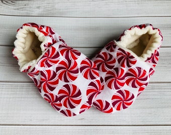 Peppermint baby booties, red and white baby shoes, baby gift, holiday baby outfit, toddler slippers, baby moccasins, gender neutral