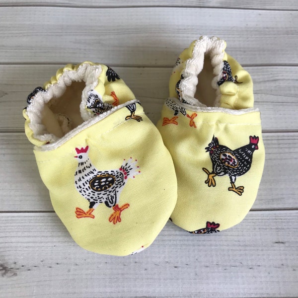 Chicken baby booties, hen, yellow crib trendy boho girl, booties, natural bamboo, custom size preemie, newborn, 0,3,6,9,12,18, 24 months