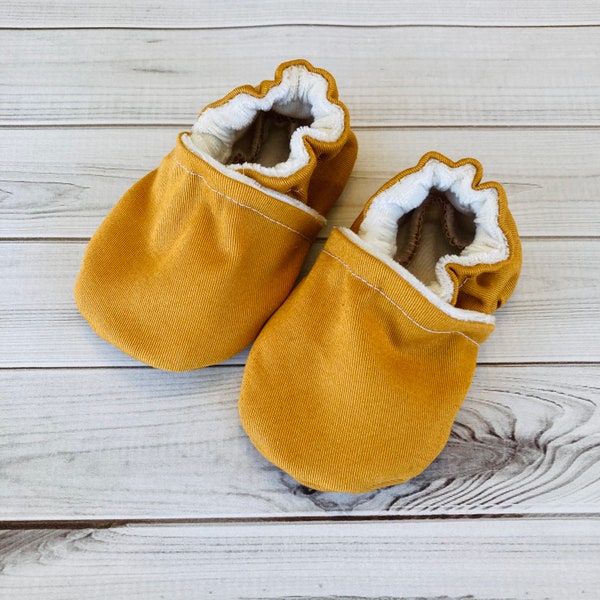 Mustard baby shoes, crib booties, special occasion natural bamboo, gender neutral custom size, toddler slipper, baby announcement