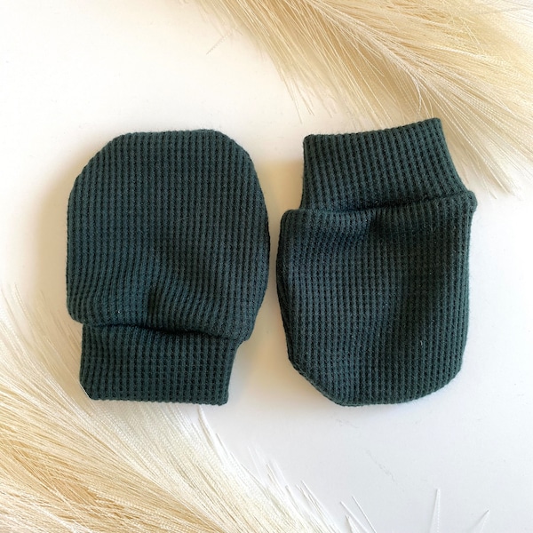 Green scratch mittens for babies, waffle knit soft fabric, baby shower gift