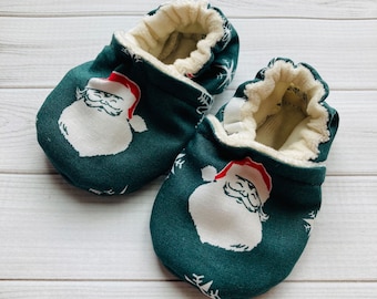 Santa booties, Vintage Christmas baby shoes, gender neutral baby gift, holiday baby outfit, toddler slippers, baby moccasins, gender neutral