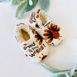 Thanksgiving baby shoes, turkey moccasins, toddler slippers, crib shoes, fall harvest booties, baby shower gift, gobble till you wobble