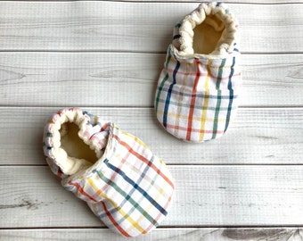 Plaid baby shoes, boys slipper, coming home outfit, booties, custom size unisex preemie, newborn, 0,3,6,9,12,18, 24