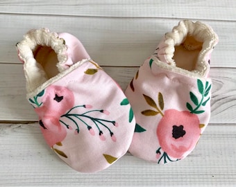 Pink boho baby girl, flower slippers, vintage moccasins, toddler boho natural baby crib booties, custom preemie to 4T.