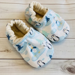 Penguin baby shoes, crib shoes, Christmas penguin baby gift, toddler moccasins, baby shower gift, booties for girls and boys, toddler gift