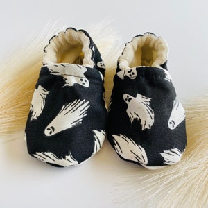 Ghost baby shoes, goth baby clothes, Halloween moccasins for toddlers, infant booties, baby shower gift, toddler slippers