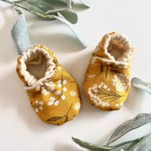 Baby in bloom infant girl shoes, mustard flower boho baby shower, moccasins, natural baby crib booties, crib shoes, baby girl booties,