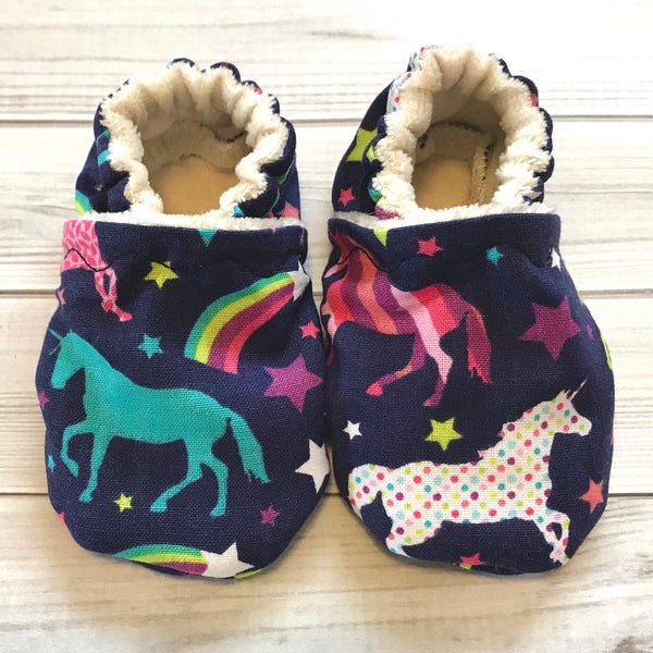 Unicorn rainbow, star crib shoes booties, natural bamboo, custom size preemie, newborn, 0,3,6,9,12,18, 24 months