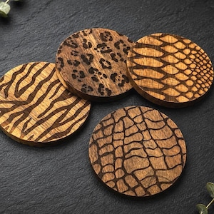 Animal Print Coasters: Engraved Wooden Drink Coaster Set, Acacia Timber, Housewarming Gift
