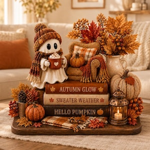 Könnte beinhalten: Eine weiße Geisterfigur mit brauner Strickmütze und Schal hält eine Tasse und sitzt auf drei Büchern mit den Titeln Autumn Glow, Sweater Weather und Hello Pumpkin. Das Arrangement umfasst einen Miniatursessel, Kürbisse und herbstliches Laub.