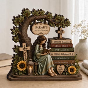 May include: A decorative tabletop sculpture featuring a tree with green leaves, a hanging sign reading SARAH'S PRAYER CORNER, a cross, a lantern, sunflowers, and a figure reading a book. A stack of books includes titles FAITHFUL, CHOSEN, LOVED, STRONG, GUIDED, and BLESSED.