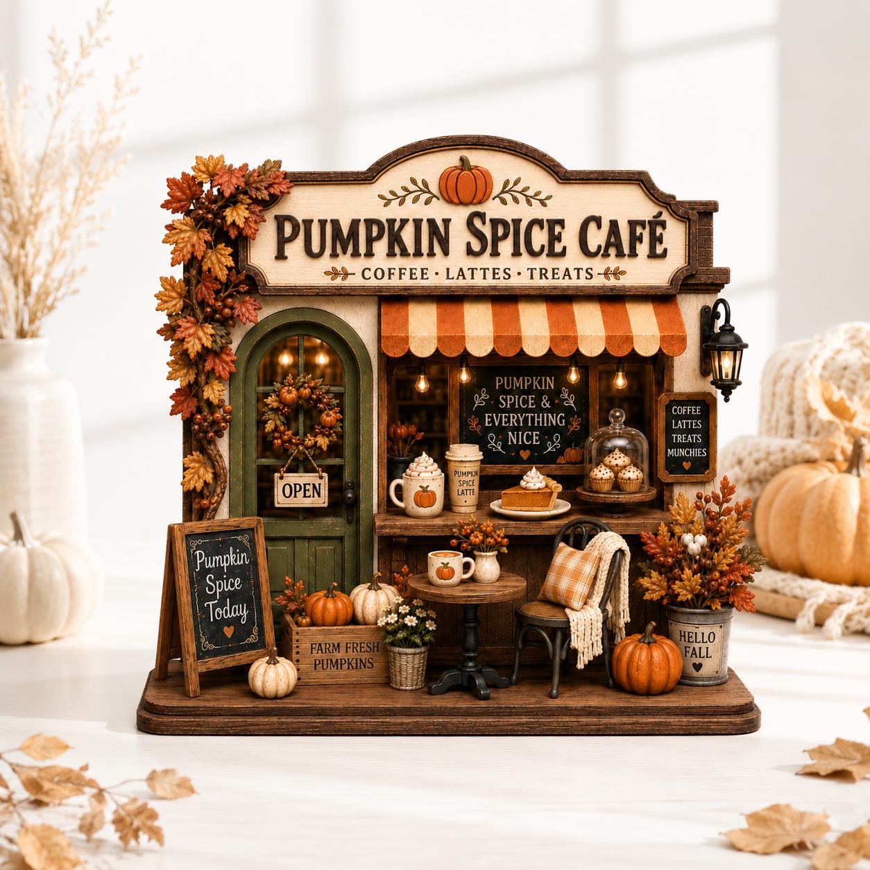 May include: A miniature Pumpkin Spice Café model featuring a green door, orange striped awning, and autumn foliage. The sign reads PUMPKIN SPICE CAFÉ, COFFEE, LATTES, TREATS. Includes a chalkboard sign, small pumpkins, a table, chair, and coffee cups.