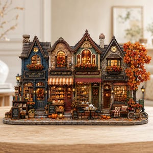 Bloc de bois 2D Village d'automne, Décoration de rue miniature automnale chaleureuse, Décoration rustique de récolte de citrouilles, Paysage de rue automnal, Cadeau pour amoureux des livres, Décoration d'automne