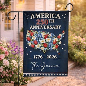 Gepersonaliseerde tuinvlag 250e verjaardag VS, tuinvlag aangepaste familienaam, vingerhoedskruid madeliefje tulp, subtiel FDT-werfbord, patriottisch decor