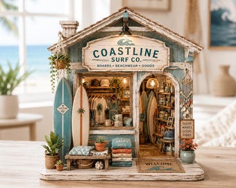 May include: A miniature model of a surf shop named Coastline Surf Co. featuring a weathered blue wooden exterior, two surfboards, a hanging plant, a welcome mat, and interior shelves stocked with clothing, mugs, and beach accessories.