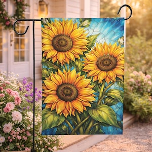Trädgårdsflagga med solrosmotiv i målat glas, trädgårdsflagga med ljus blommig design, sommardekoration för utomhusbruk, trädgårdsbanderoll med solrosmotiv, rustik lantlig dekoration
