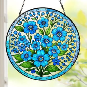 Forget-Me-Not Stained Glass Suncatcher, Window Hanging Decor, Floral SunCatcher,Gardener Gift,Flower Glass Art, Botanical Glass Ornament