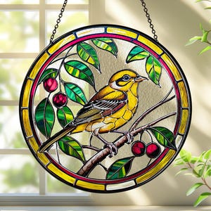 American Goldenfinch Stained Glass Suncatcher, Goldfinch Lightcatcher with American Goldenfinch Bird, Flowers and Cardinal Suncatcher