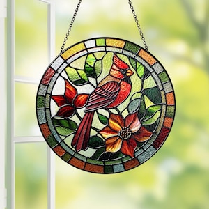 Attrape-soleil en vitrail cardinal rouge, vitrail de sympathie, attrape-lumière commémoratif cardiaque, oiseau rouge suspendu à la fenêtre, cardinal avec fleur