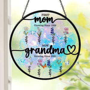Gepersonaliseerde eerste moeder nu oma glas-in-lood suncatcher, aangepaste geboortemaand bloem, oma&#39;s tuin cadeau voor oma, Moederdagcadeau