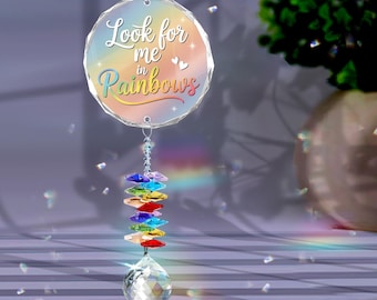 Look for me in Rainbows Personalized Memorial Suncatcher, Crystal Heart Sun catcher Sympathy gift, Memorial gift with name, Prism rainbow
