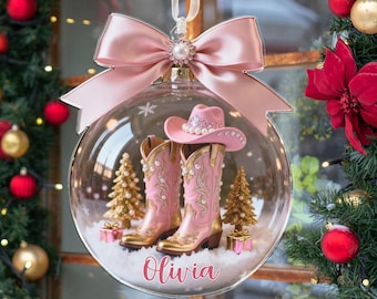 Pink Boot Christmas Ornament, Custom Name Cowboy Cowgirl Boots Ornament, Coquette Bow Hat Gift For Cowgirl, Horse Racing Ornament, Xmas Gift