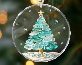 Spersonalizowana ozdoba na drzewko genealogiczne ze szkła morskiego, świąteczna ozdoba rodzinna, prezent na święta ze szkła morskiego na rok 2025, prezent świąteczny dla miłośników plaży