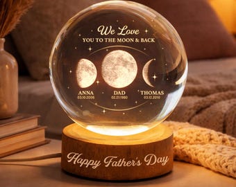 Personalized Dad Moon Phase Crystal Globe Night Light, Custom Moon Phase by Date, Father's Day Gift, Grandpa Gift, The Day You Became My Dad