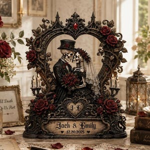 May include: A decorative sculpture featuring a skeleton couple in wedding attire within a heart-shaped frame adorned with red roses. The base displays the text Jack & Emily 12.20.2025, while a central heart shows the initials J & E.