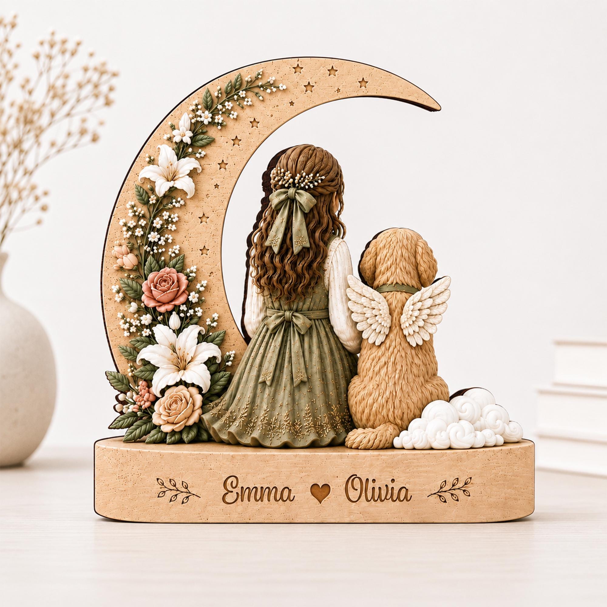 Personalized Pet Memorial Wooden Block, Custom Dog Cat Angel Wings Plaque, Floral Moon Sympathy Gift, Dog Lover Decor, Cat Remembrance Gift