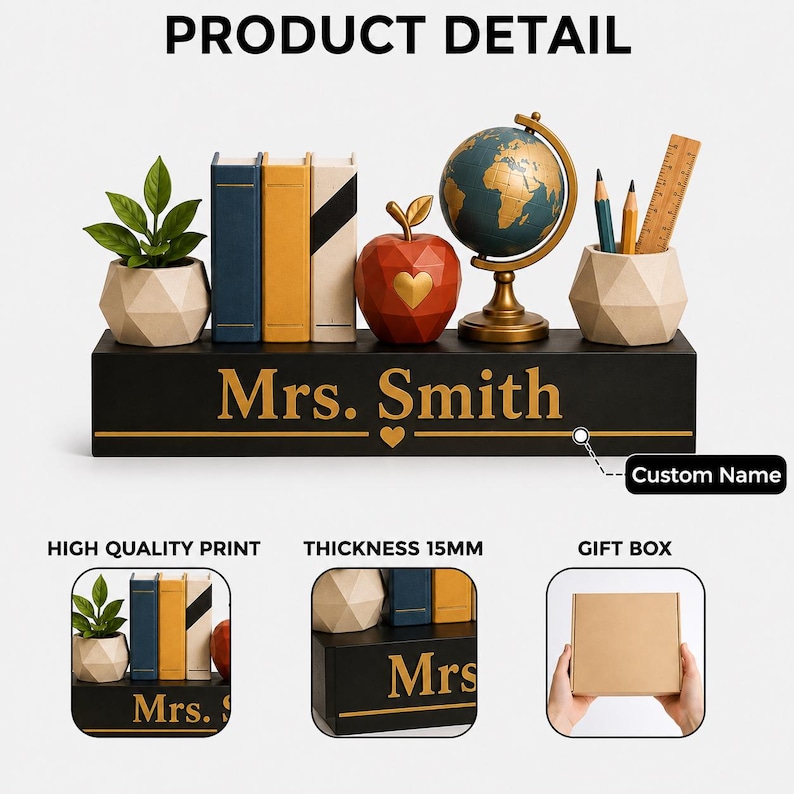 May include: A black rectangular desk organizer with the custom name Mrs. Smith printed in gold. It features a small potted plant, three book-shaped containers, a red apple with a gold heart, a globe on a stand, and a pencil holder with pencils and a ruler.