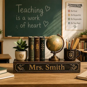 May include: A wooden desk sign with the name Mrs. Smith, featuring a potted plant, three vintage-style books, a small globe, and a black mug with pencils. The sign is placed on a desk with notebooks, a pen, and a red apple in a classroom setting.