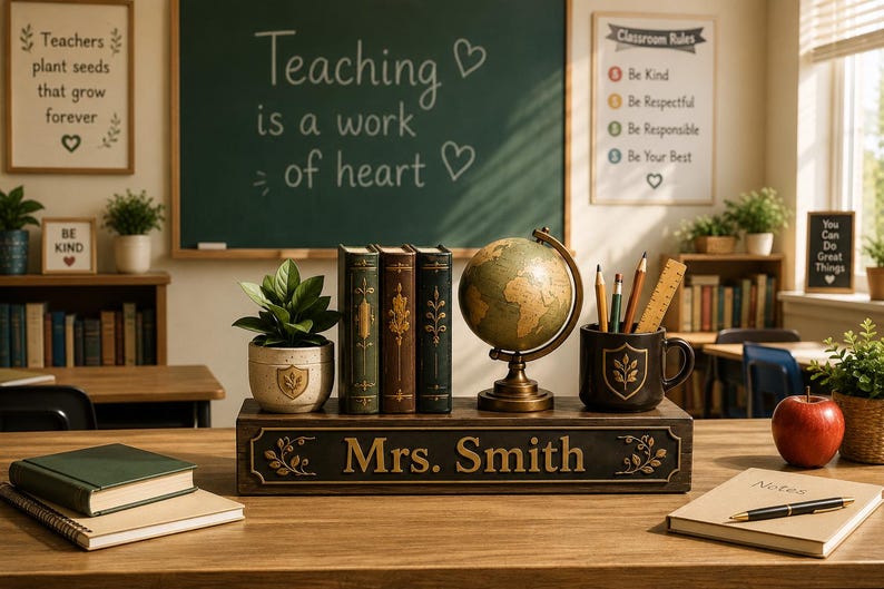May include: A wooden desk sign with the name Mrs. Smith, featuring a potted plant, three vintage-style books, a small globe, and a black mug with pencils. The sign is placed on a desk with notebooks, a pen, and a red apple in a classroom setting.