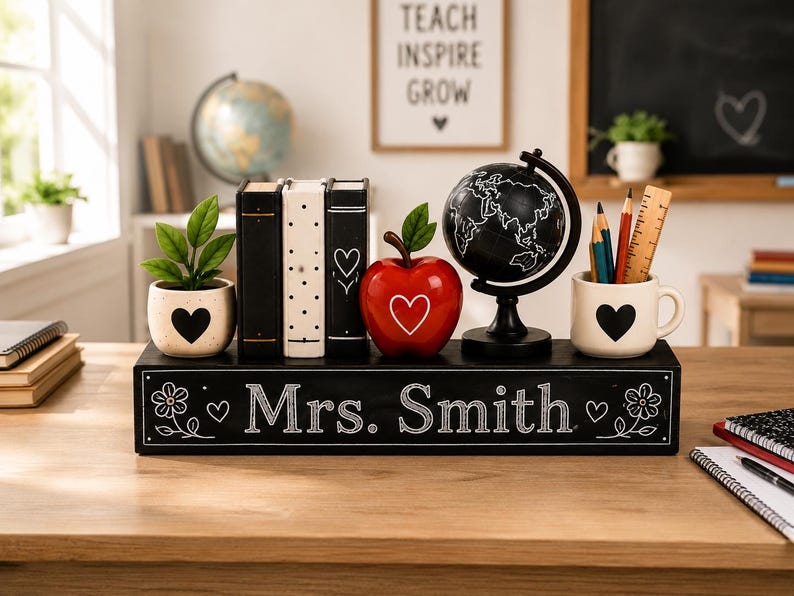 May include: A black rectangular wooden desk sign with the white text Mrs. Smith, flanked by a small potted plant, three decorative books, a red apple ornament, a black globe on a stand, and a white mug containing pencils and a wooden ruler.