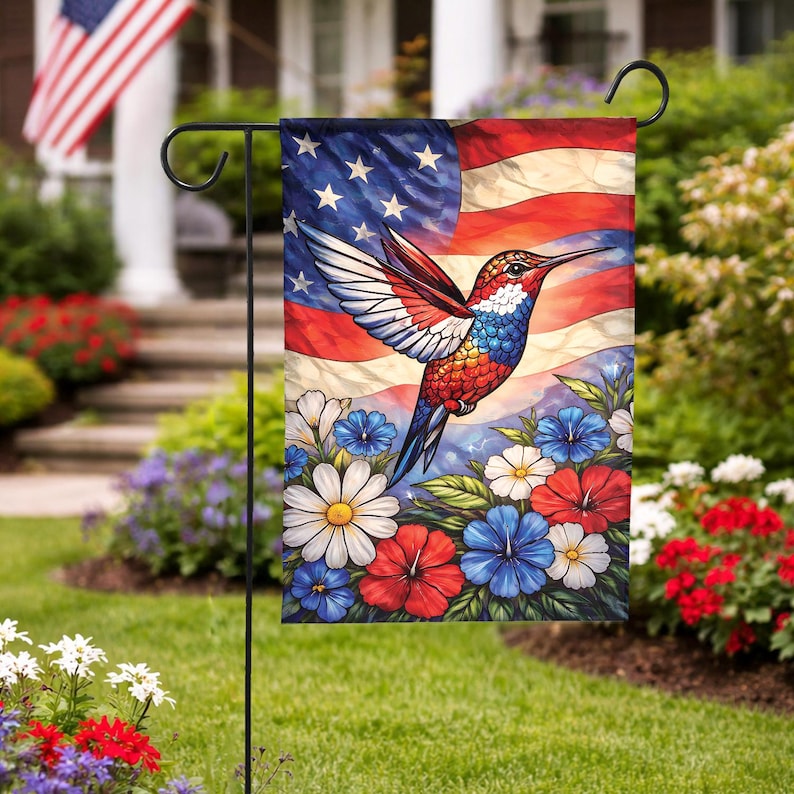 Hummingbird Stained Glass Garden Flag, Floral Yard Flag, Summer Bird ...