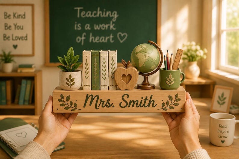 May include: A rectangular wooden desk organizer featuring the name Mrs. Smith engraved on the front. It holds a small potted plant, three miniature books, a wooden apple cutout, a small globe, and a green mug containing pencils and a ruler.