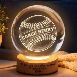 Custom Baseball Crystal Ball Night Light, Coach Gift, Thank you Coach, Gift For Him, 3D Night Lamp, LED Bedroom Decor, Team Sport Gift image 7