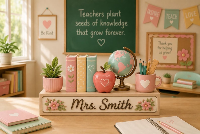 May include: A wooden desk organizer featuring the name Mrs. Smith in script, decorated with pink flowers. It holds a small pink potted plant, three pastel books, a red apple ornament with a heart, a small globe, and a pink mug with pencils.